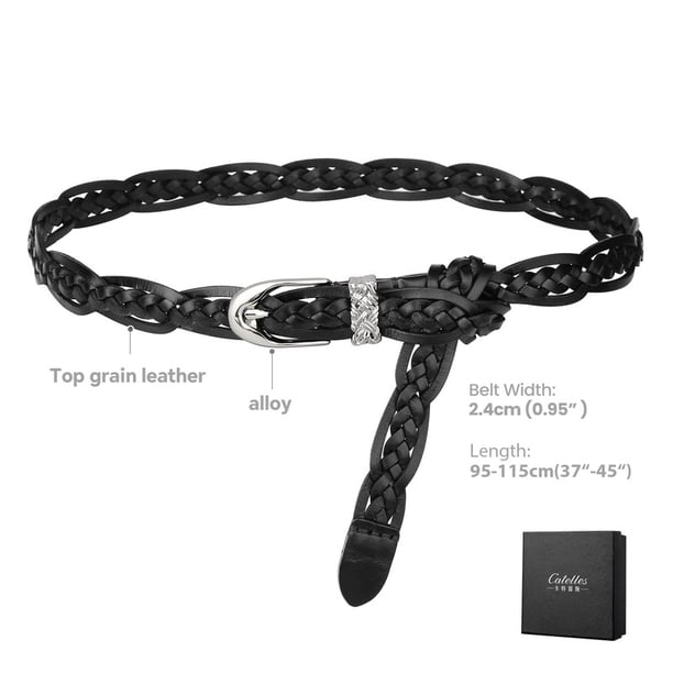 Catelles Women's Black Woven Top-Grain Leather Belt, with Alloy Buckle, Wear-resistant & Suitable for Casual and Fashionable Outfits,Gift Box For waist 29-31" Width 0.95"(2.4cm)