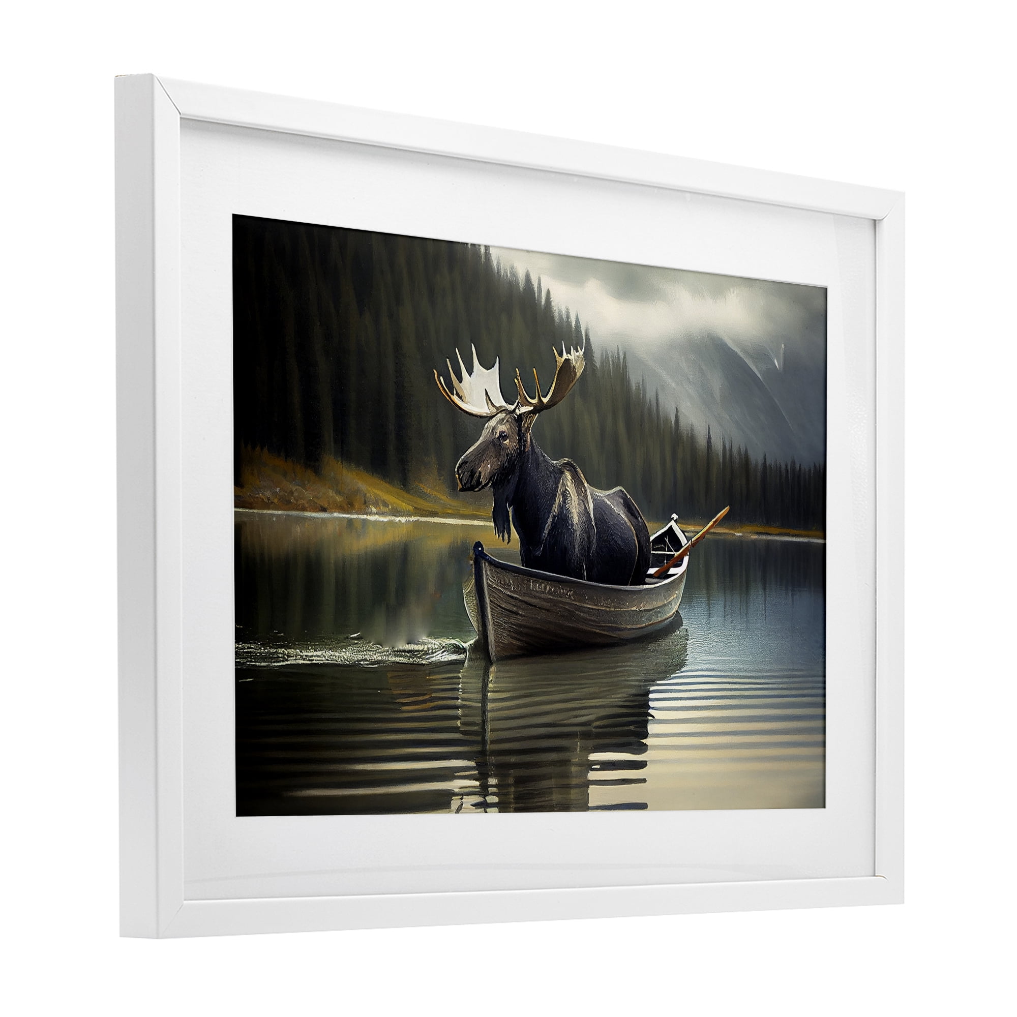 Moose in Canoe Tranquility White Framed Print Under Glass, design by Sasha