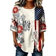 thumbnail image 2 of FASHOFT 250th Anniversary USA Linen Shirt Women American Flag Print Summer Casual 3/4 Sleeve Shirt Tie Blouse Top Independence Day Outfits Beige L, 2 of 4