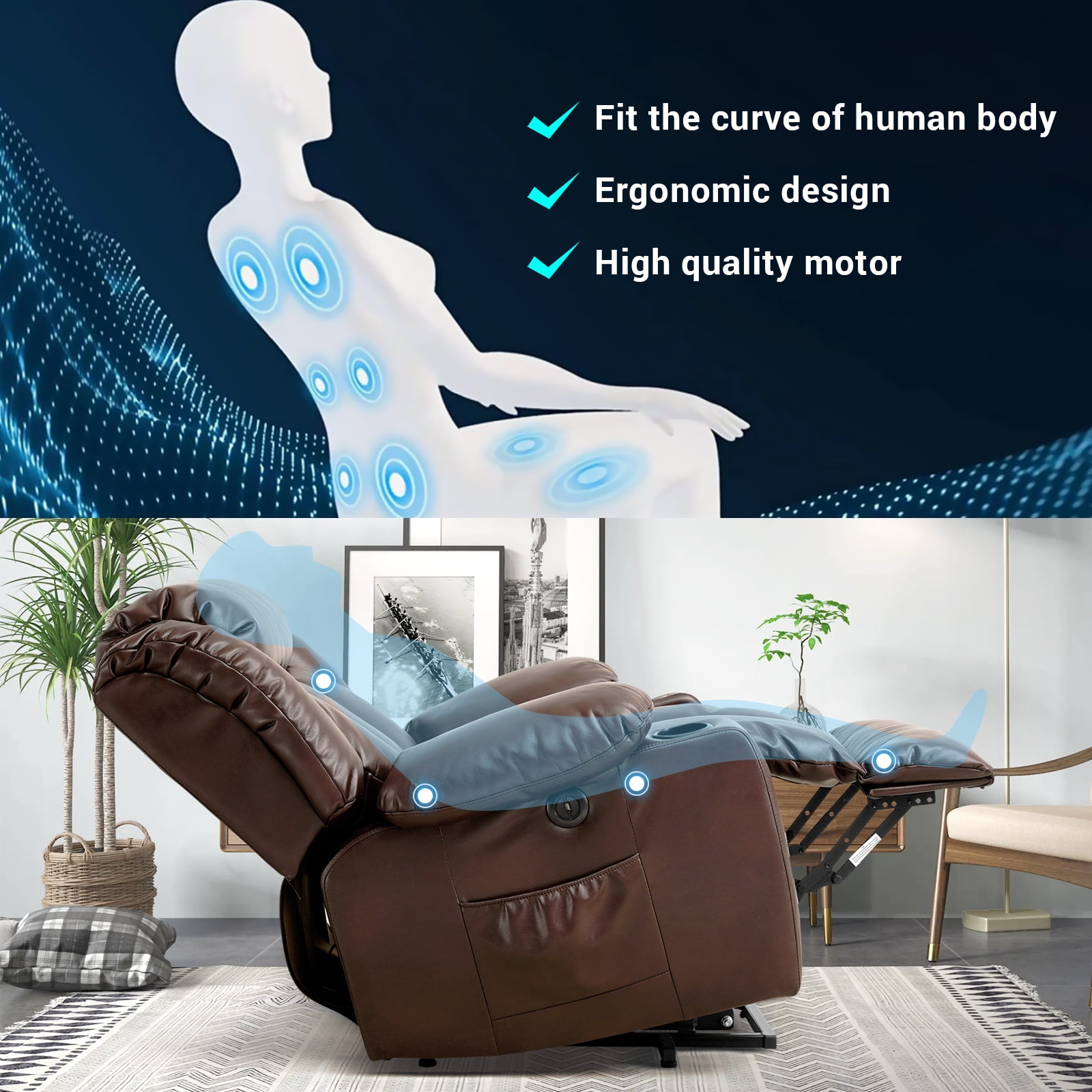 TEKAMON Large Power Lift Recliner Chair for Elderly with Heat and Massage Leather Electric Recliners Chair For Living Room with Cup Holders, Remote Control (Brown)