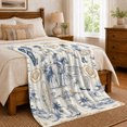 thumbnail image 6 of Blue Gold Coastal Cowgirl Flannel Blanket with Horse Rider, Surfboards, Palm Trees, Shell Frames Throw for Guest Room and Parlor, Home Decor Gift for Beach Rodeo Fans, 6 of 7
