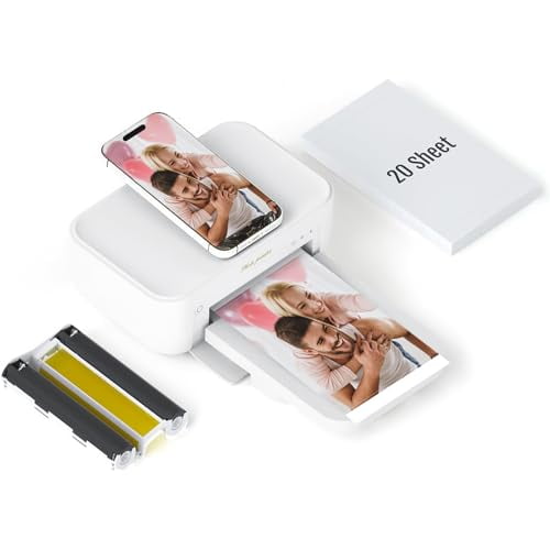 Impresora fotográfica HPRT 4x6, +20 hojas y 1 cinta, para iPhone y Android, portátil, sublimación de tinta, impresión de video AR (blanca)