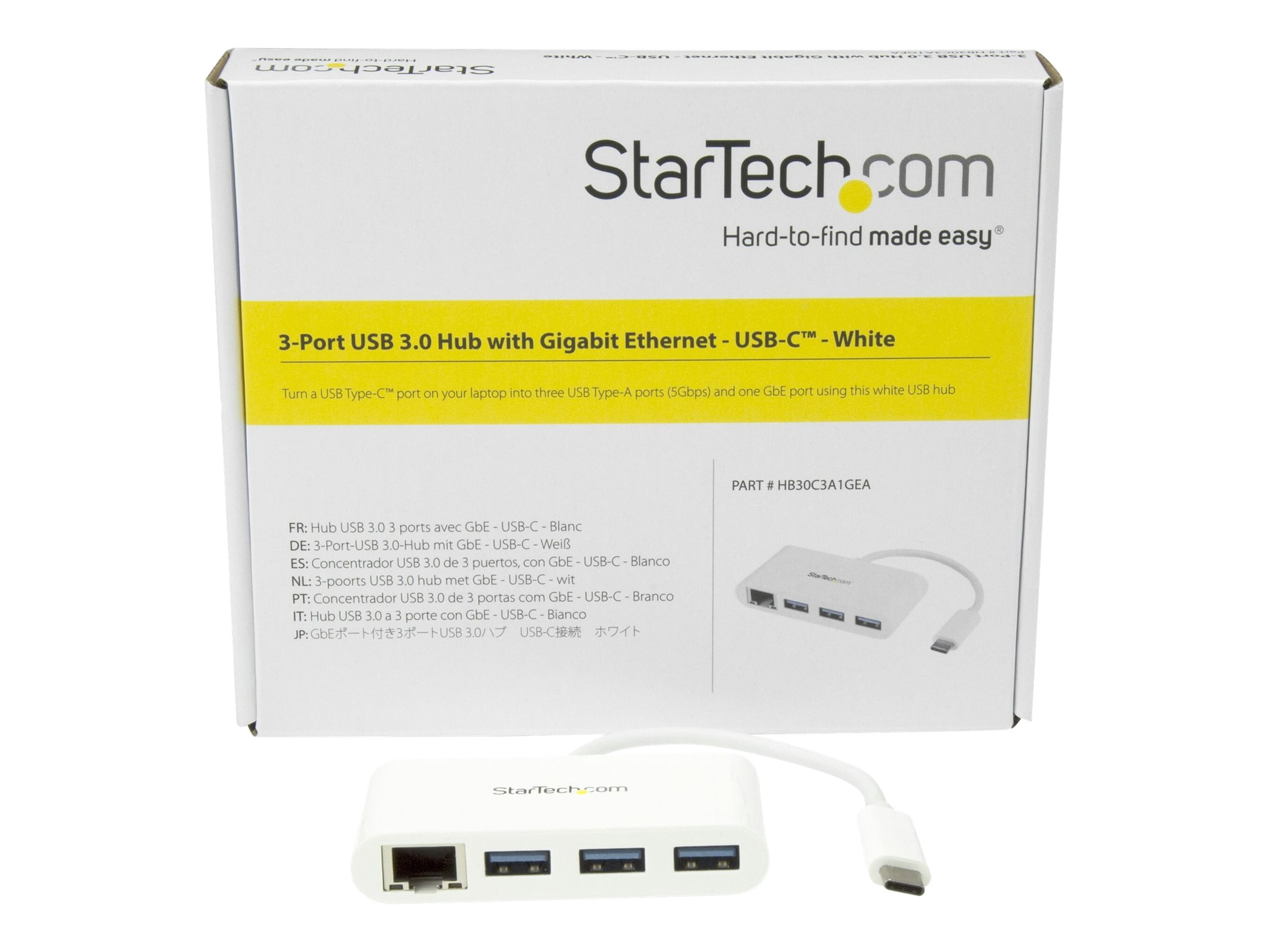 StarTech.com 3 Port USB C Hub w/Gigabit Ethernet USB Type C to 3 x USB-A Multi Port USB 3.0 Hub for MacBook Pro (HB30C3A1GEA)