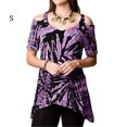 thumbnail image 2 of Sonducket Blusa de manga corta con cuello en V y hombros descubiertos con dobladillo irregular estampado tie-dye para mujer Prendas para la parte del cuerpo Púrpura S, 2 of 3