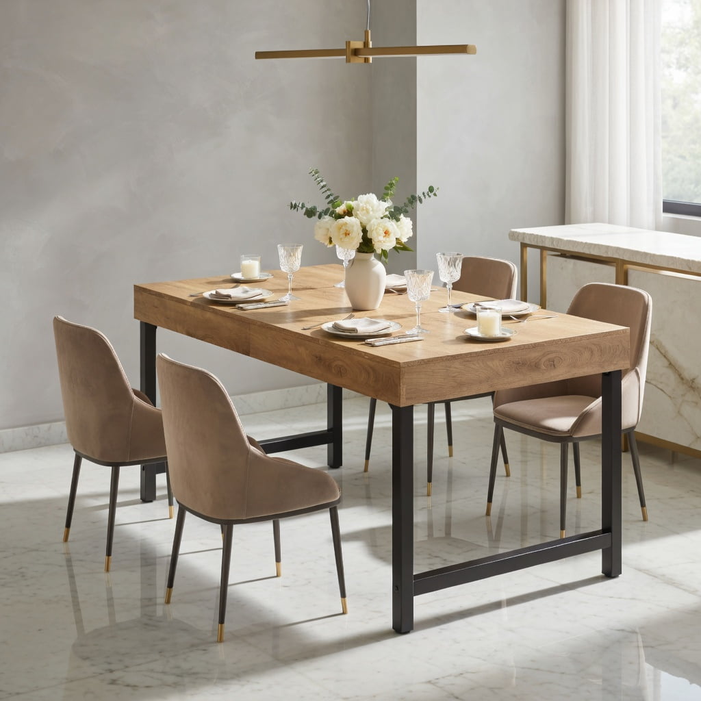 Hommoo Farmhouse Dining Table 55 Inch Rectangular Kitchen Table for 4-6 People, with Metal Legs, Sturdy MDF Top, Easy Assembly, Rustic Brown