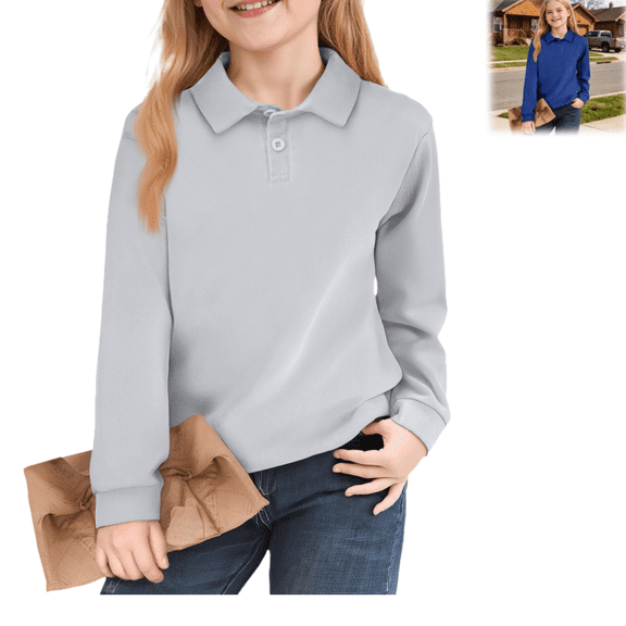 Collared Polo Shirts for Girl Long Sleeve School Uniform Golf Shirts Back To School Soild Color Regular Fit Button Top Gray 2-3 Years