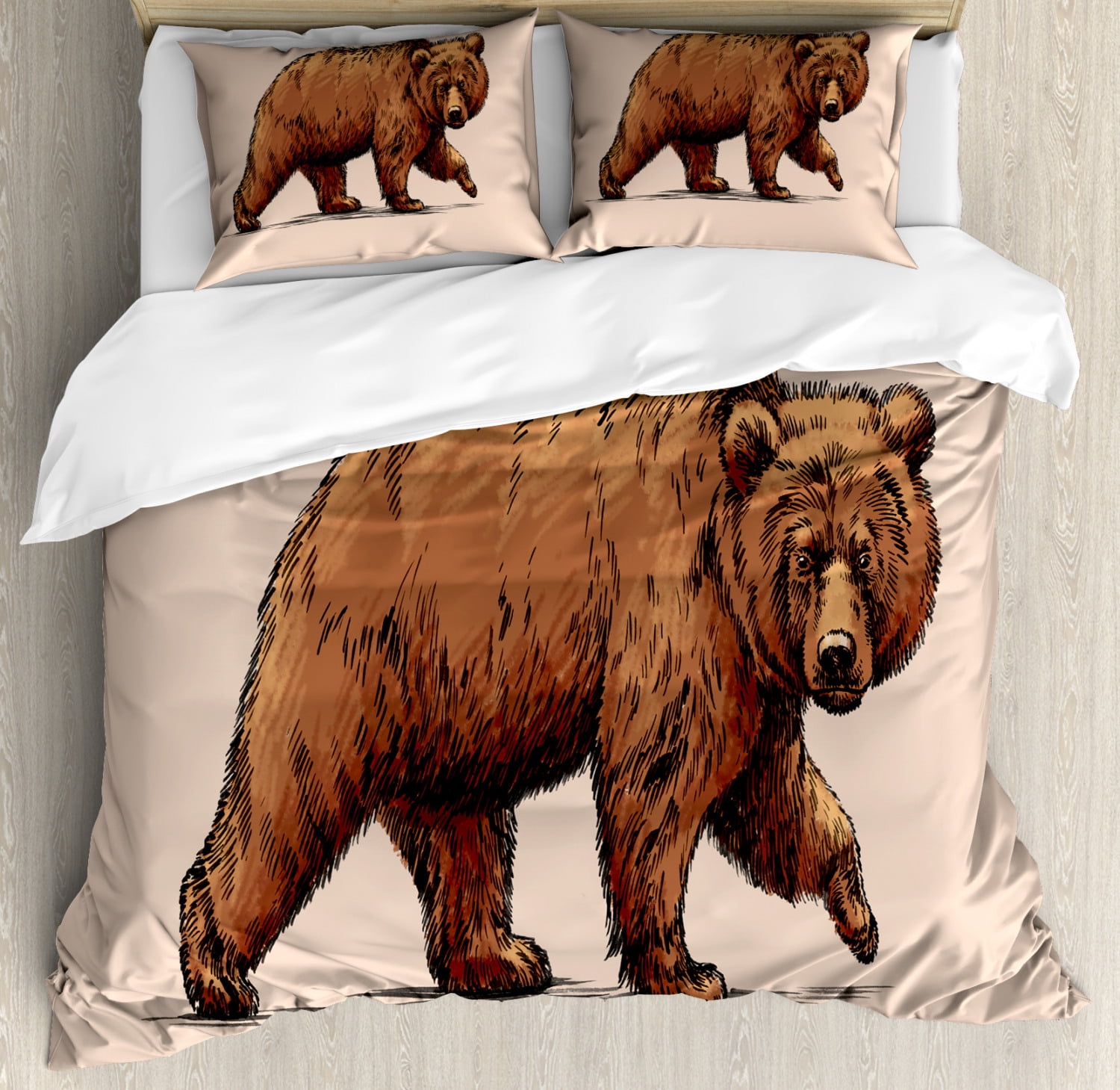Bear Duvet Cover Set Ink Drawing Style Wildlife Beast Carnivore