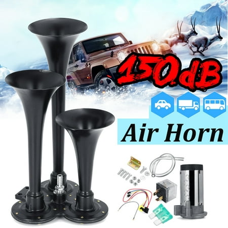 150dB 12V 3 Trumpet Super Loud Air Horn w/ Compressor Wiring For Car Truck Boat Taxi Bus Train (Best Stereo Bus Compressor)