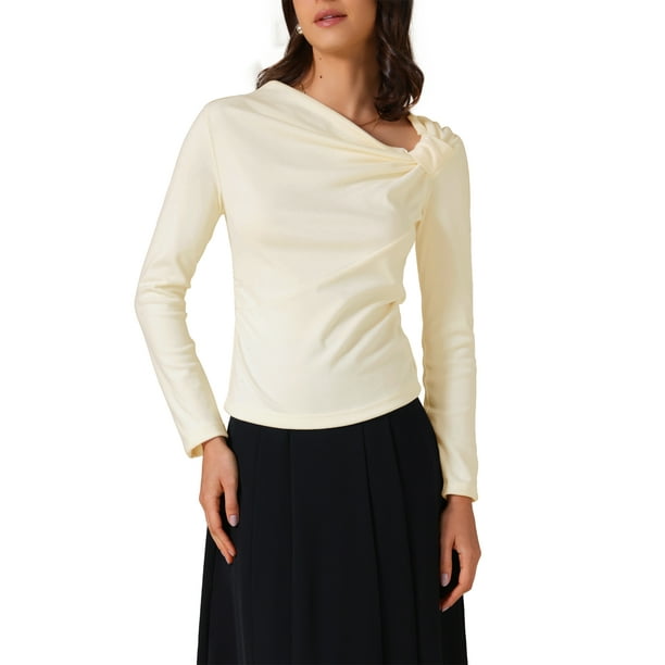 INSPIRAR CHIC Camisetas de Manga Larga para Mujeres Ajustadas con Cuello Asimétrico y Nudo Arrugado Talla M Beige
