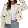 thumbnail image 5 of Double Breasted Women Solid Color Lapel Trench Coat Cropped Jacket, 5 of 6