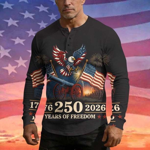 Ceisia Men's USA 250th Anniversary Print Long Sleeve Henley Top Patriotic Casual Commemorative Shirt for All Seasons Multicolor M Gifts