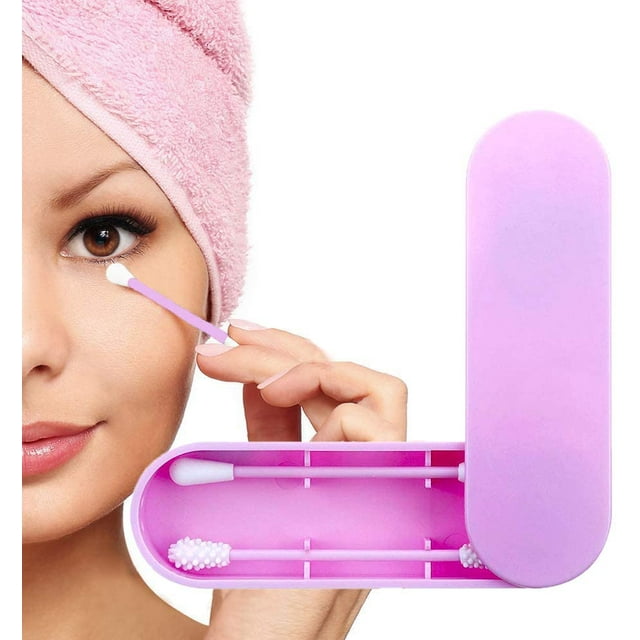 Écouvillon Réutilisable en Coton, Écouvillon Écologique Double Face pour le Nettoyage des Oreilles, Écouvillon Cosmétique avec Étui de Rangement (Rose)