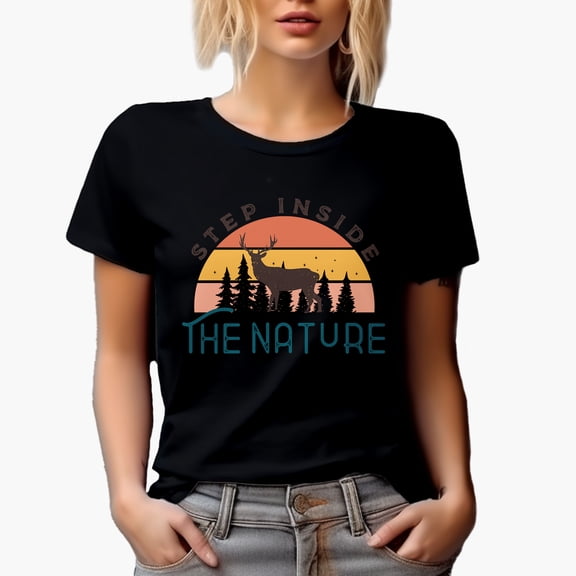 Retro Step Inside the Nature with a Buck Deer Art, Black T-Shirt, Small
