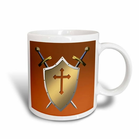1738 Cognac - 3dRose Golden Shield with crossed swords and the Christian Cross and background in Cognac, Ceramic Mug, 15-ounce
