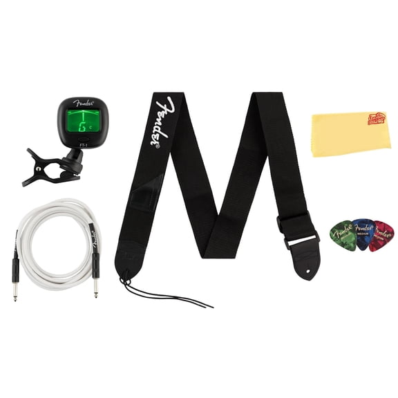 Fender Accessory Essentials Pack Bundle with Instrument Cable, Clip-On Tuner, Guitar Strap, 3-Pack Guitar Picks, and Austin Bazaar Polishing Cloth