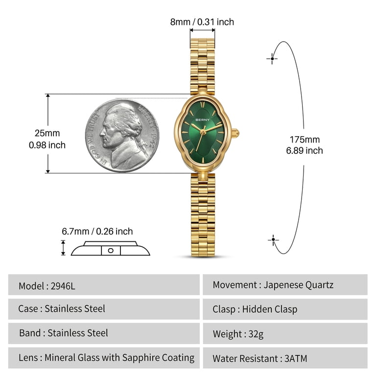 Womens Gold Green Vintage Copper Mirrors Shape Dainty Ladies Quartz Luxury Watch BERNY, Small Gold Watches for Women, 2946L-GRN, Waterproof  main image 3