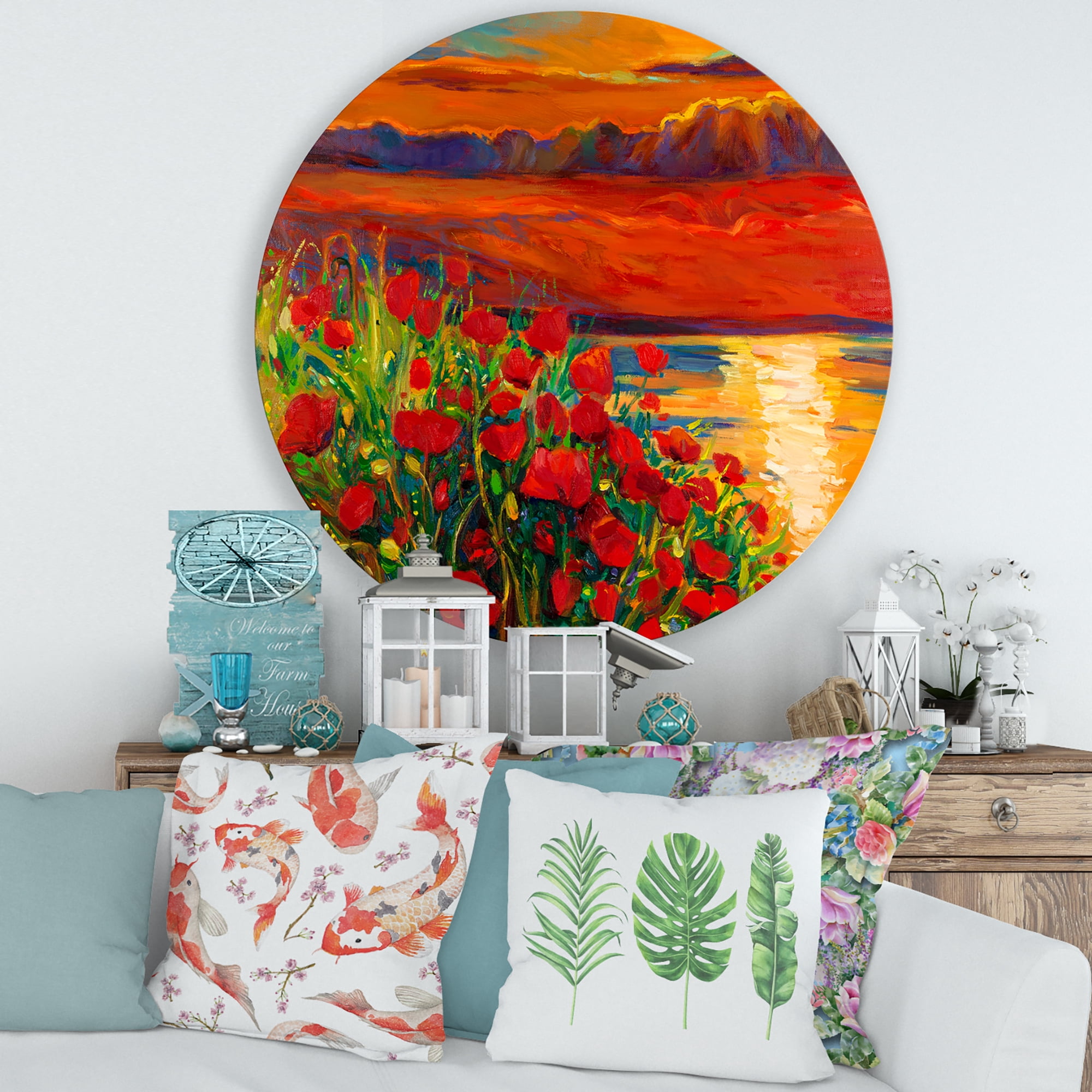 Designart 'Red Poppies By The Ocean During Evening Glow' Nautical & Coastal Circle Metal Wall Art 36x36 - Disc of 36