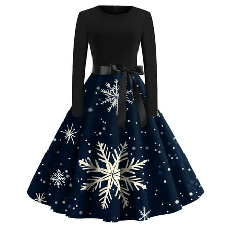 DENGDENG Women Christmas Dress Shoes High Heels Trendy Santa Deer Christmas Tree Print Hepburn Dresses Plus Size Long Sleeve Round Neck Party Costume Dress with Belt Royal Blue 4XL
