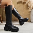 thumbnail image 2 of KEGIRLOM Women's Fashionable Casual Winter Solid Color Buckle Strap Heel Round Head Mid-Heel Knee-High Boots Black Size 6.5, 2 of 9