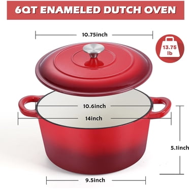 Enameled Cast Iron Dutch Oven, 6 Quart Pot with Lid & Dual Handles - Red