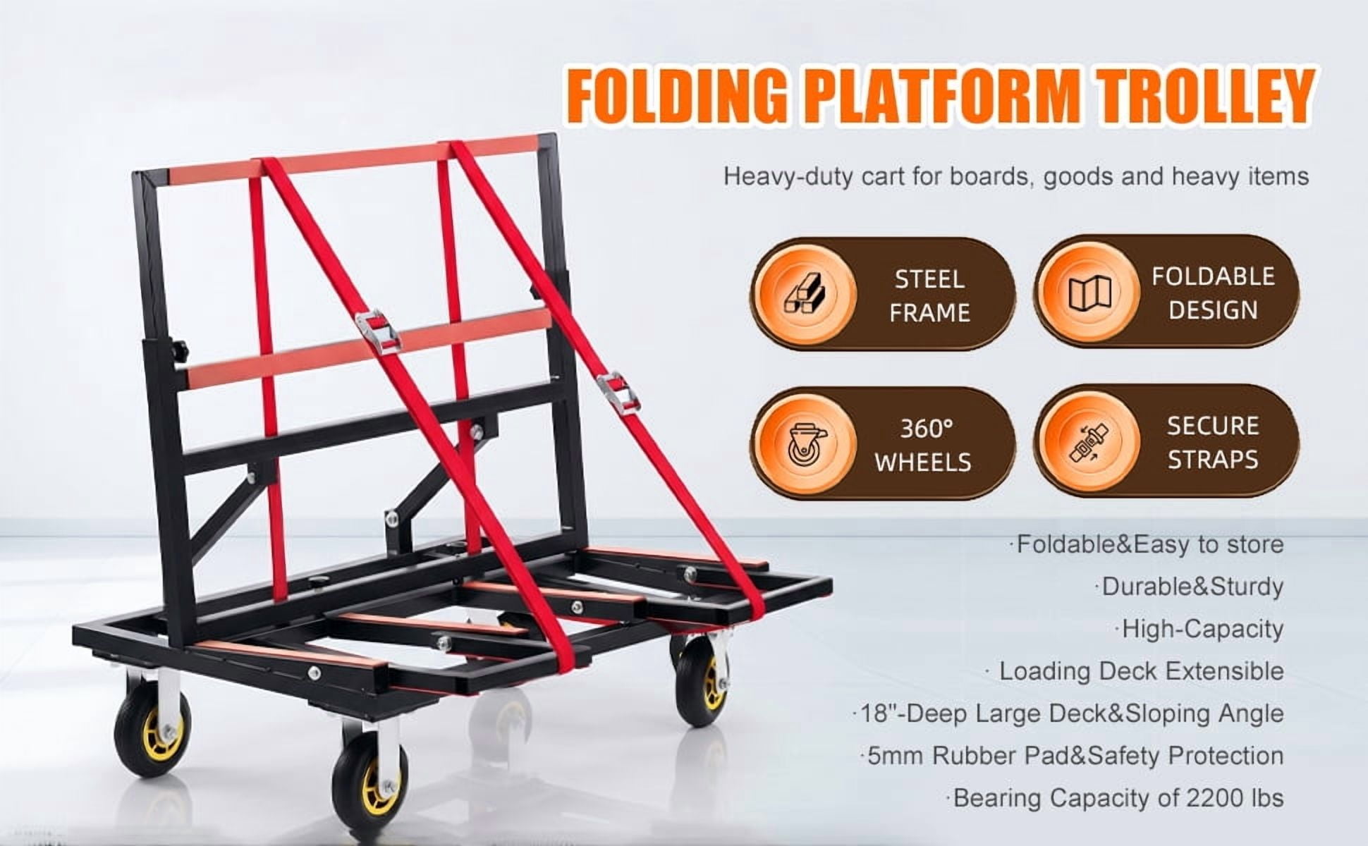 Folding Drywall Dolly with 4X6" Casters, 2000 LBS Load Capacity, Expandable Deck and Back Frame, Portable Panel Cart for Versatile of Handling Plywood, Plasterboard, Glass with 2PCS Tie-Down Strapp