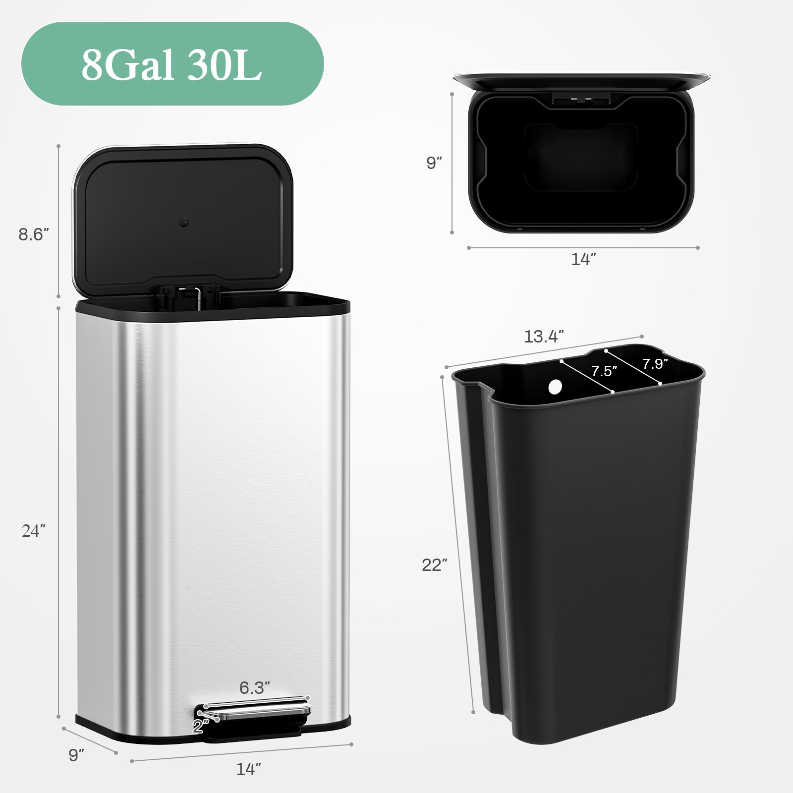 Arlopu 8 Gallon Stainless Steel Step Kitchen Trash Can with Lid, Square Garbage Can for Indoor, Silver