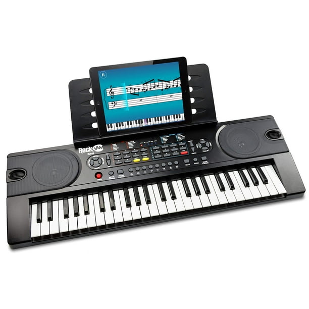 RockJam Piano con teclado de 49 teclas con fuente de alimentación, atril para partituras, pegatinas de notas de piano y lecciones de piano simples, negro