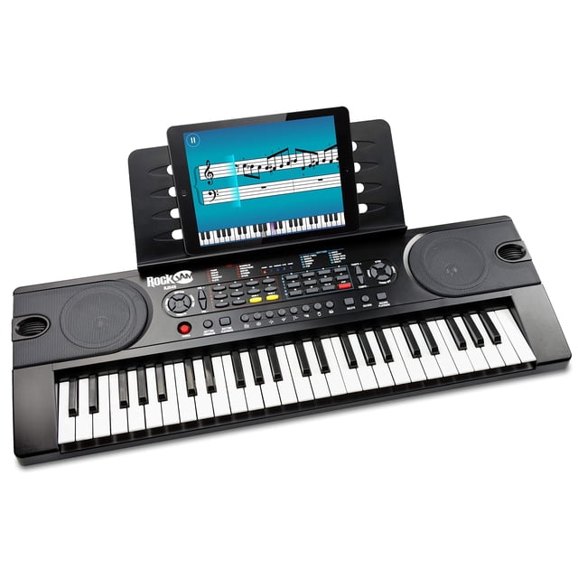RockJam Piano con teclado de 49 teclas con fuente de alimentación, atril para partituras, pegatinas de notas de piano y lecciones de piano simples, negro