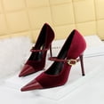 thumbnail image 4 of Zapatos de tacón alto y fino para mujer, con punta de gamuza y tacón bajo, con hebilla de metal y punta recta, para banquetes, con un solo zapato para mujer, 4 of 5