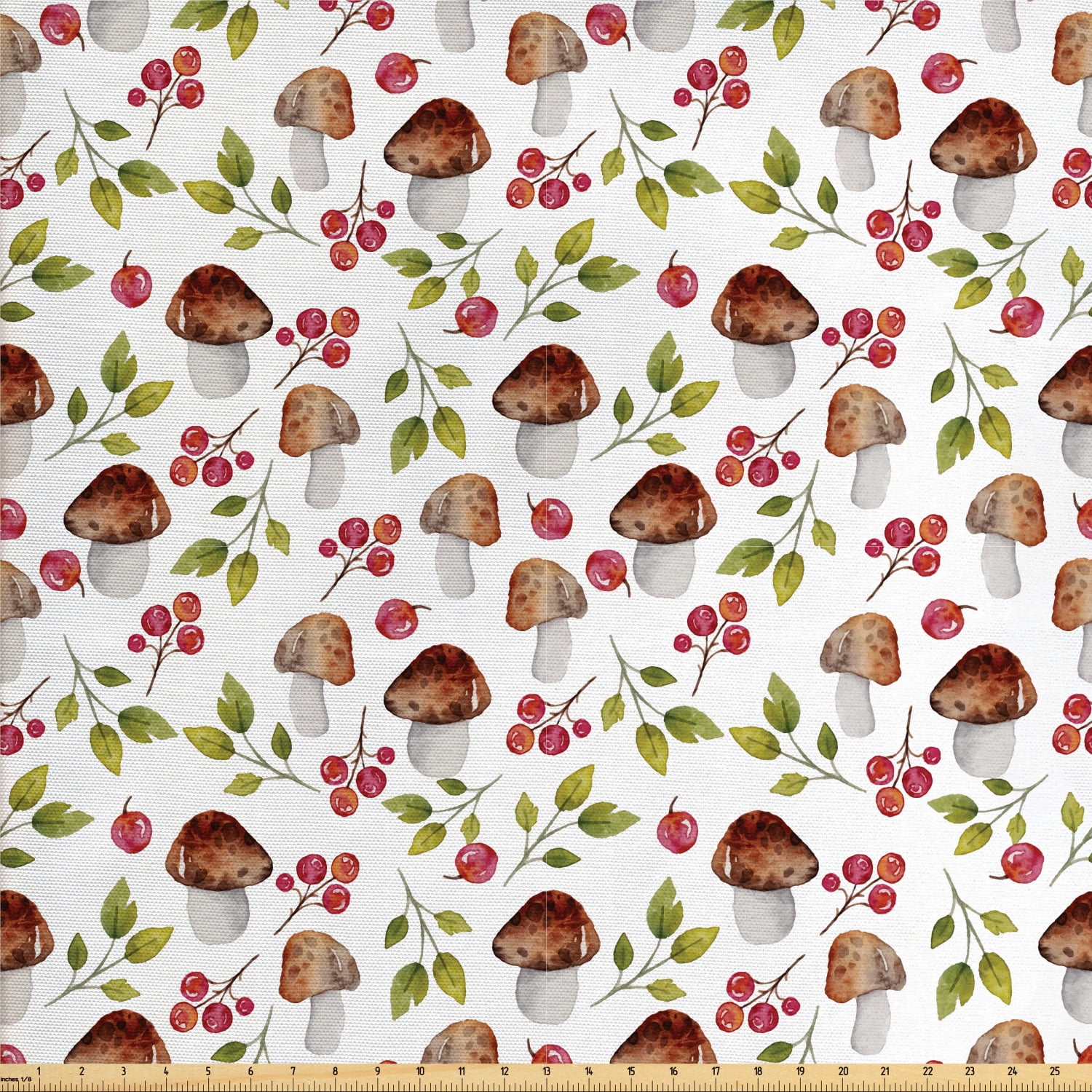 Mushroom Fabric by The Yard, Watercolor Art Pattern with Forest