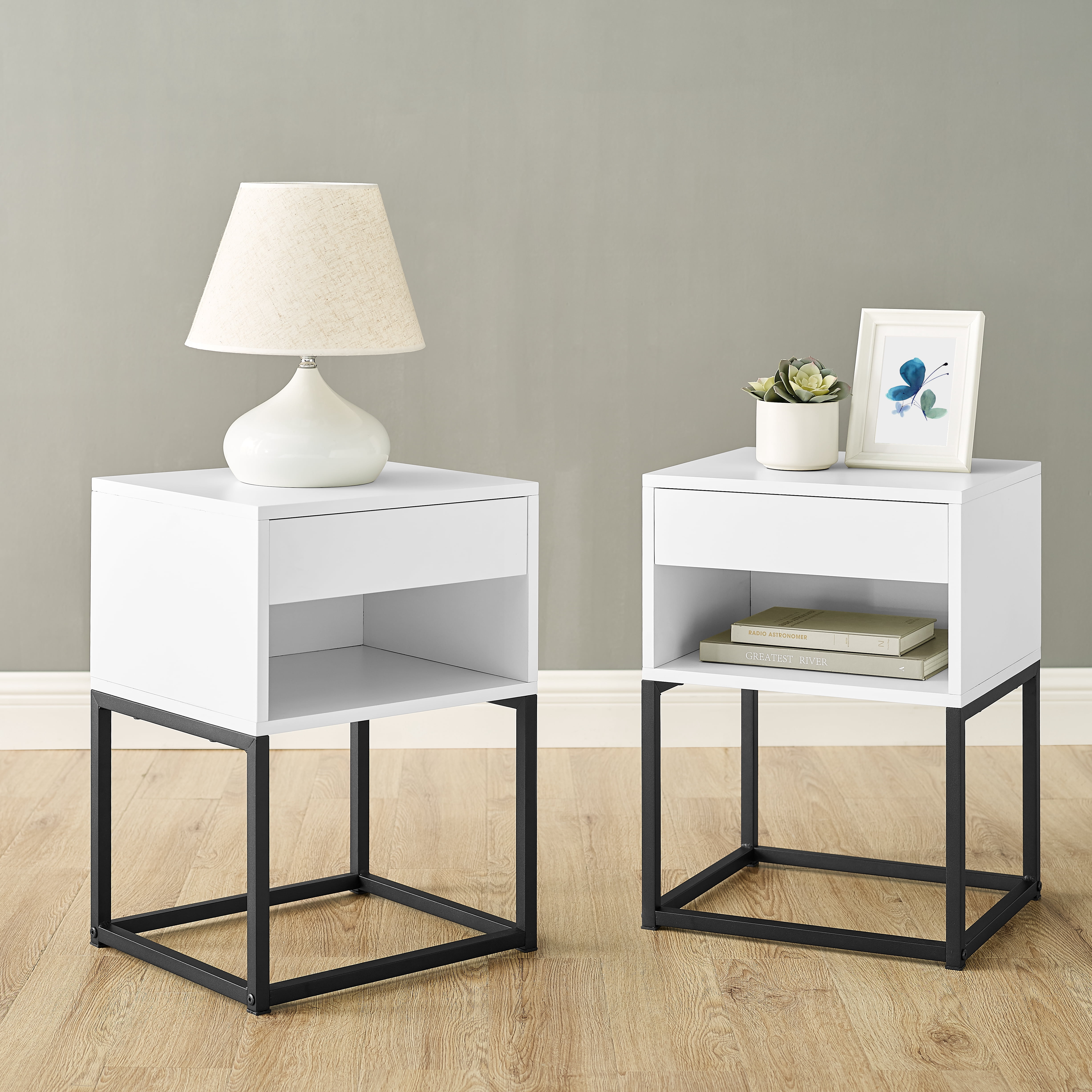 MUSEHOMEINC End Table with drawer and shelf, Metal Legs - White Finish