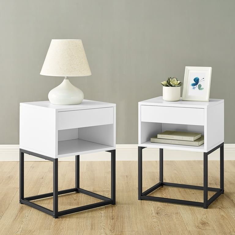 MUSEHOMEINC End Table with drawer and shelf, Metal Legs