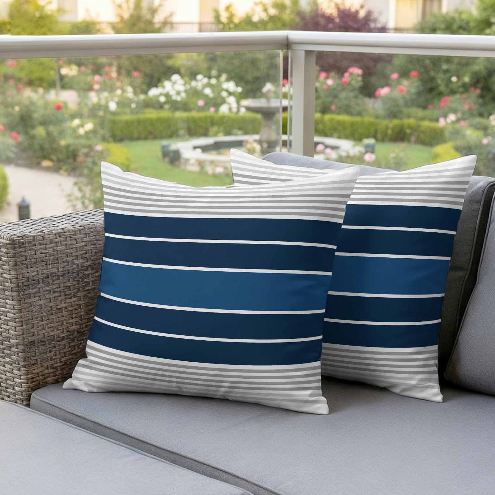 Lake Blue Stripes Outdoor Waterproof Pillow Covers, Modern Minimalist Gradient Lines Decorative Square Throw Pillowcase Sofa Cushion Sham for Patio/Couch/Chair, 26"x26" 2 Pack