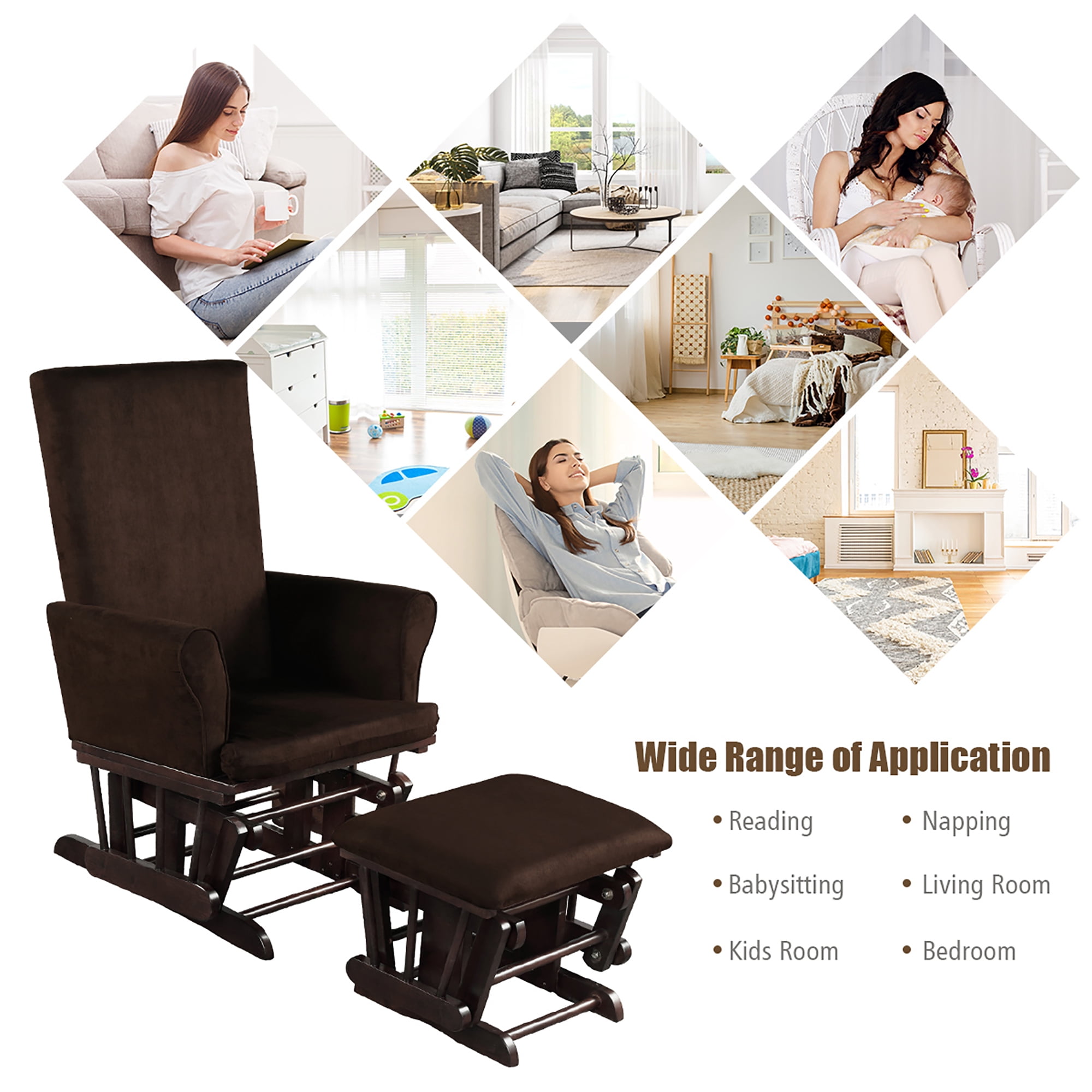 Costway Baby Nursery Relax Rocker Rocking Chair Glider & Ottoman Set w/Cushion Brown