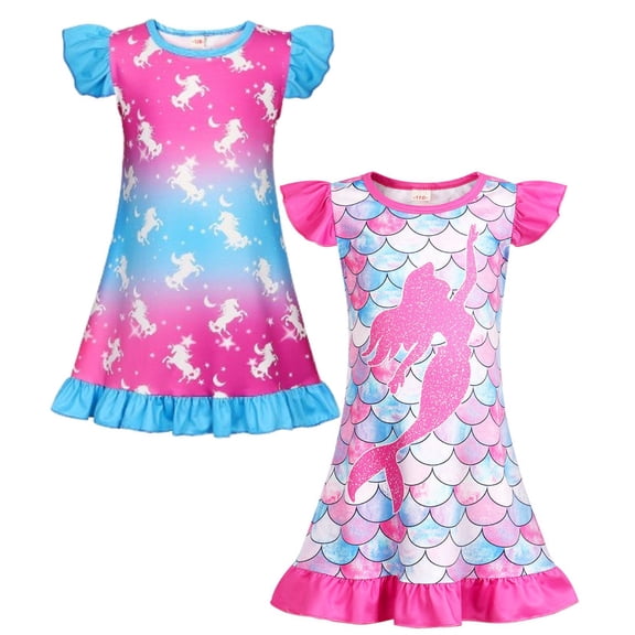 Jurebecia 2 Pcs Summer Girl Unicorns Nightgown Mermaids Cartoon Pajamas Dress for Kids Teenager Night Dress Baby Nightdress Cute Children Clothing 5-6 Years 120 CM