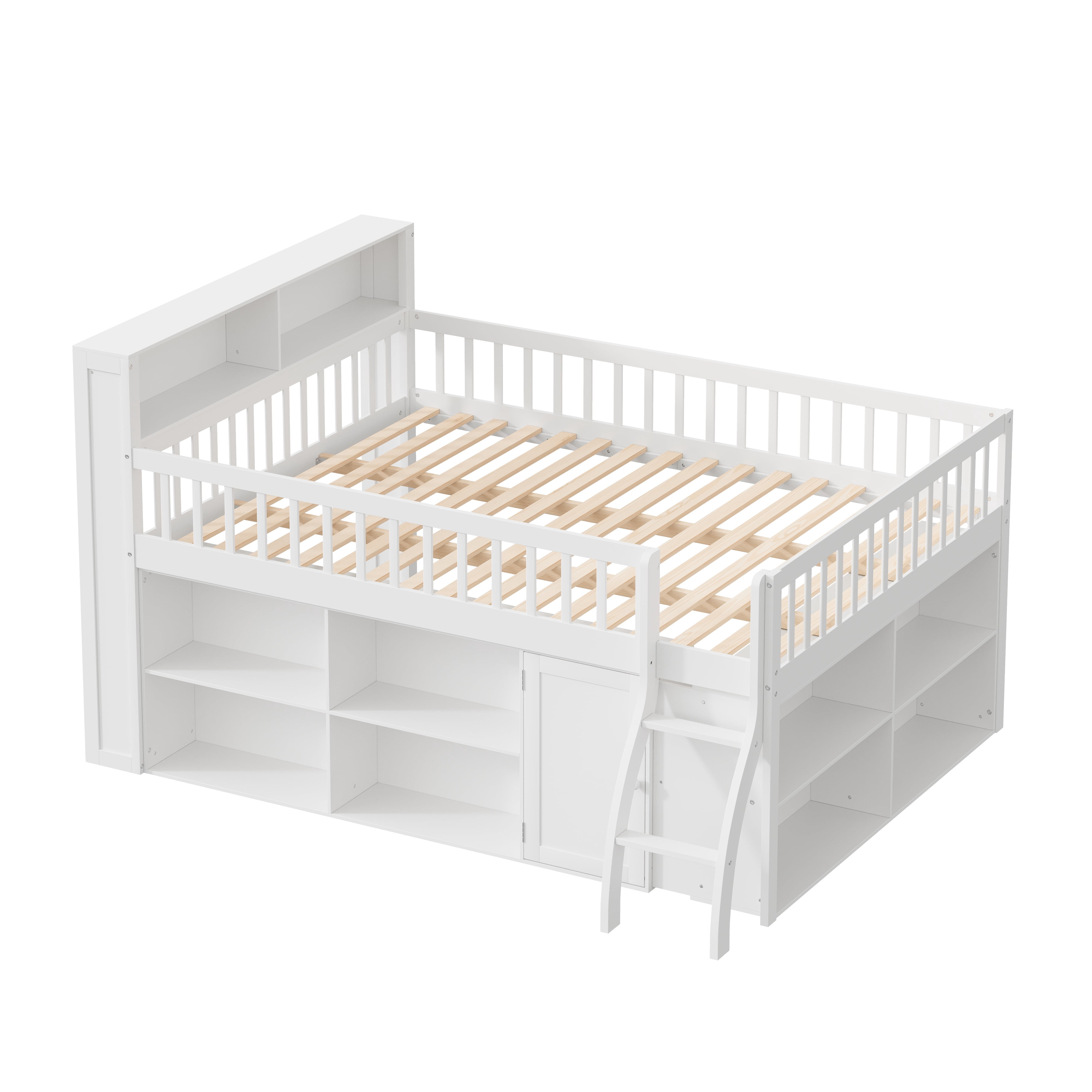 Euroco Wood Queen Size Loft Bed with Storage Shelves and LED Light, White
