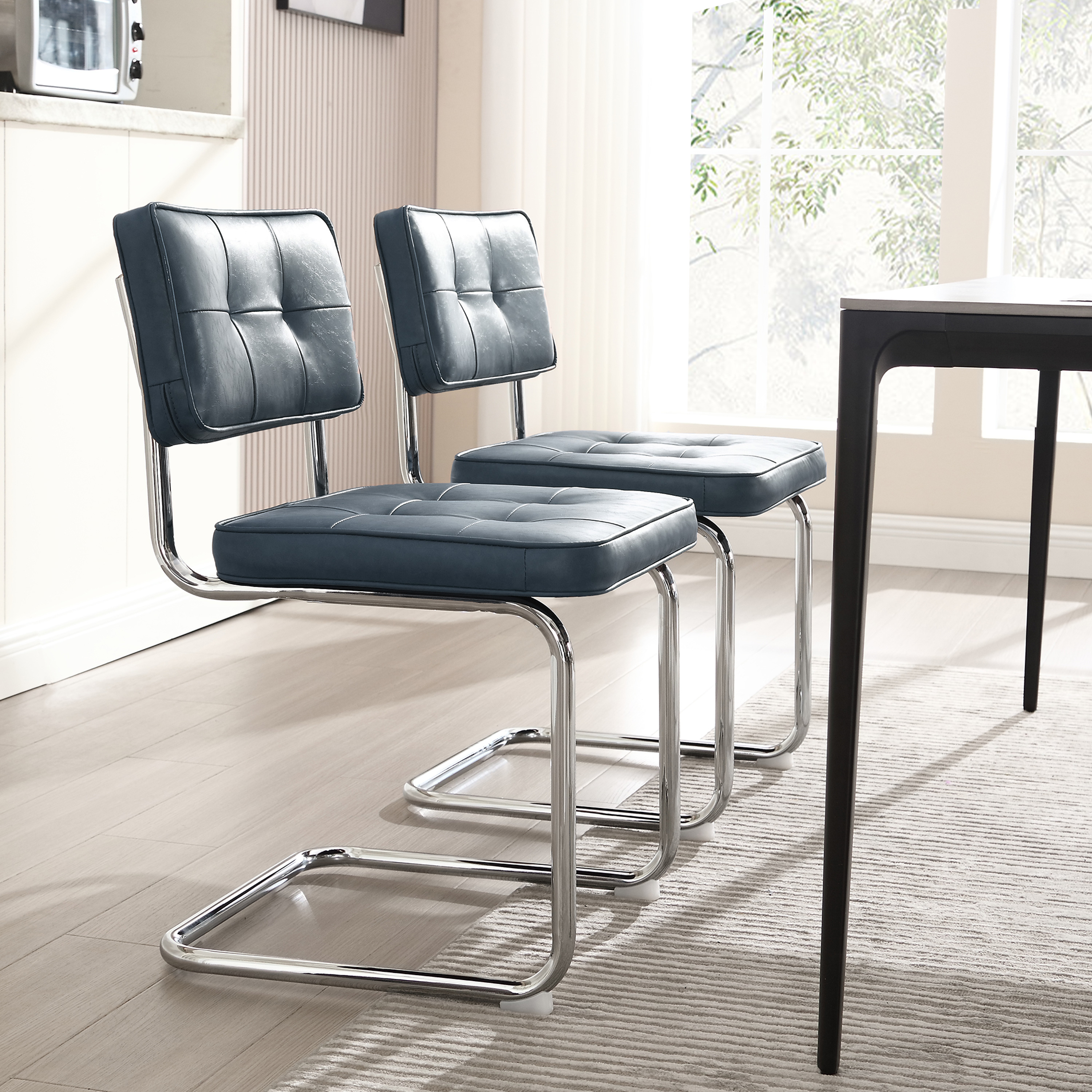 ONEVOG 19.3'' Mid-Century Modern Dining Chairs Set of 2, Faux Leather Cantilever Kitchen Chairs with Chrome Legs for Kitchen Dining room, Blue
