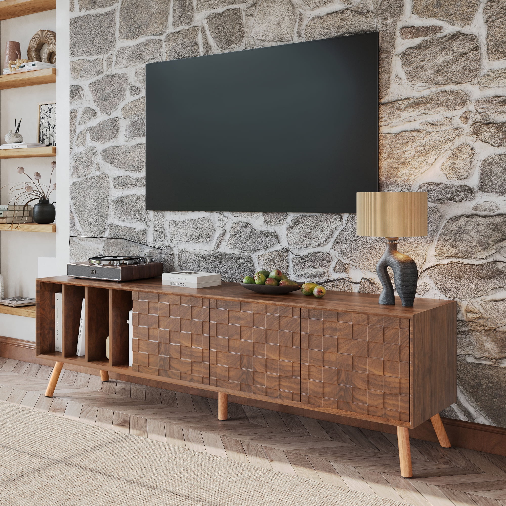 Euroco 70" Mid-Century Modern TV Stand, Media Console Table for TVs up to 80'', Entertainment Center with 5 Solid Wood Legs for Living Room, Bedroom