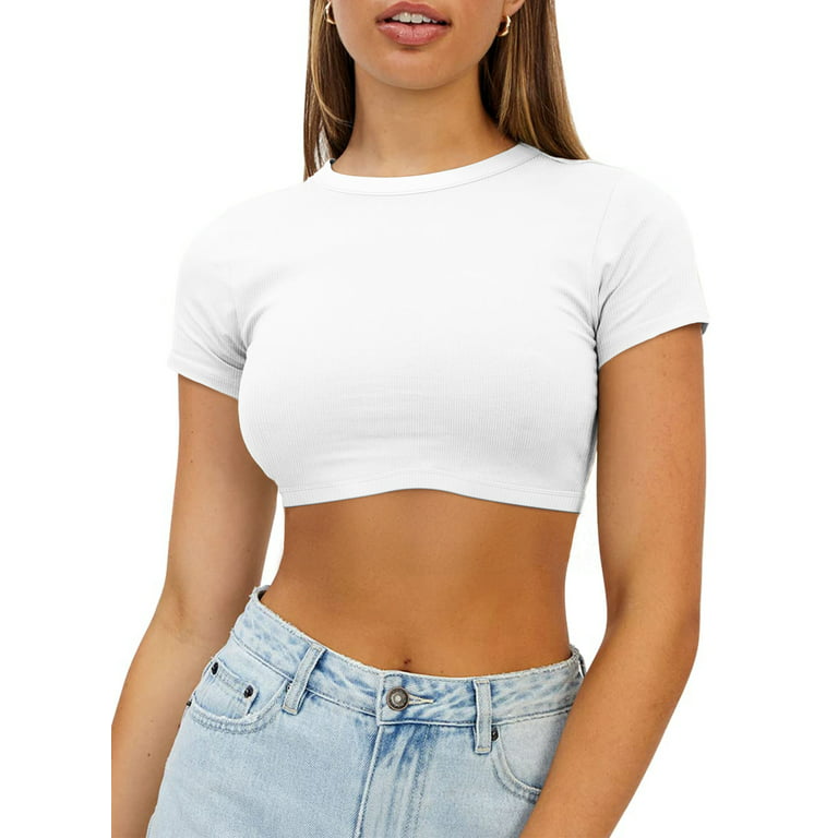 Vafful Crop Tops Sexy Trendy Basic Tight Scoop Neck Crop Short Sleeve Crop  Top for Women and Teen Girls Slim Fit Ribbed Stretchy Workout Shirts  Women's Basic Crop Tops Casual Short Sleeve