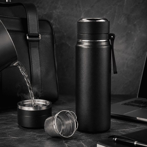 Black 316 Stainless Steel Insulated Water Bottle 500ml, Leak Proof Vacuum Flask with Tea Strainer, Double Wall Thermal Mug with Carry Strap for Travel Office School