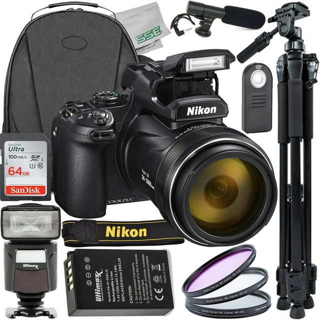 Nikon COOLPIX P1000 Digital Camera with Basic Accessory Bundle: SanDisk 64GB Ultra SDXC, Universal Speedlite with LED Video Light, Water-Resistant Backpack & More (18pc Bundle)