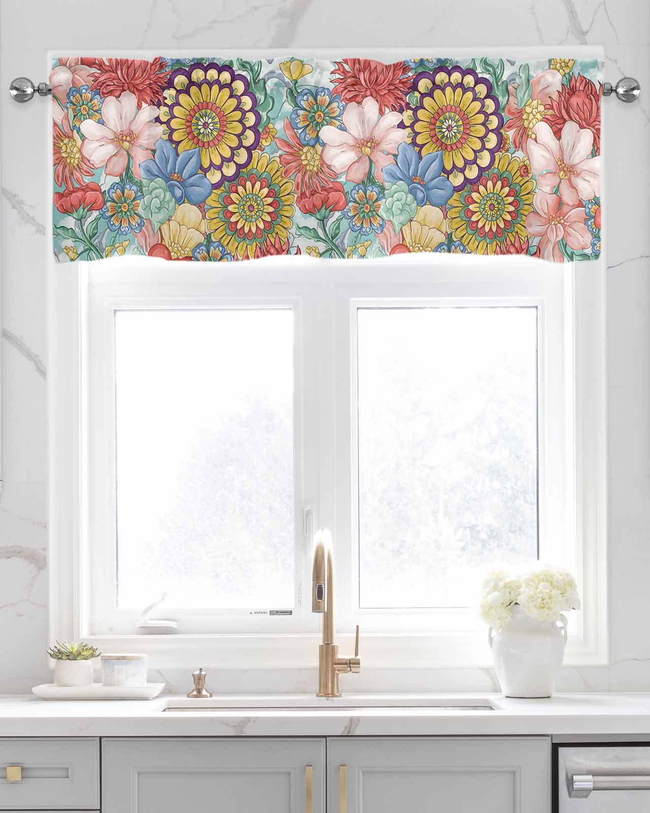 Boho Floral Kitchen Valances for Windows Farmhouse Linen Window Valance Curtain for Living Room Window Treatment Bohemia Country Colorful Mandalas Flower Valance Rod Pocket Topper Drape, 60 x 18 Inch