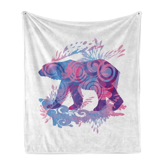 Bear Soft Flannel Fleece Throw Blanket, Abstract Silhouette with Swirls Color Splashes Fantasy Display, Cozy Plush for Indoor and Outdoor Use, 50" x 70", Pale Pink Blue Purple, by Ambesonne