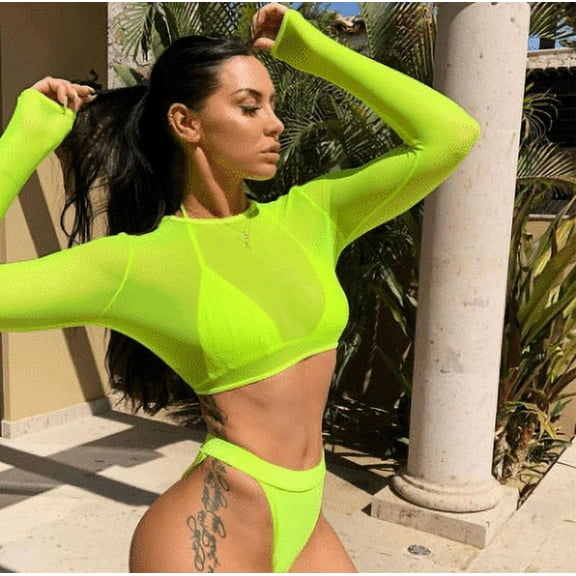 nvzhuang Women Short Tops, Long Sleeves See-through Sheer Sheer Round Neck Shirt for Female