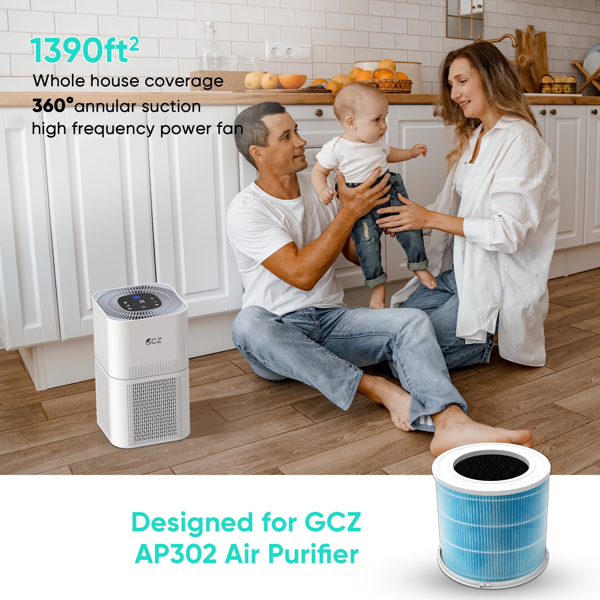 Replacement HEPA Air Purifier Filter for GCZ Air Purifier AP302 & AP304 CADR 300+, Designed for Smoke Wildfire Activated Carbon