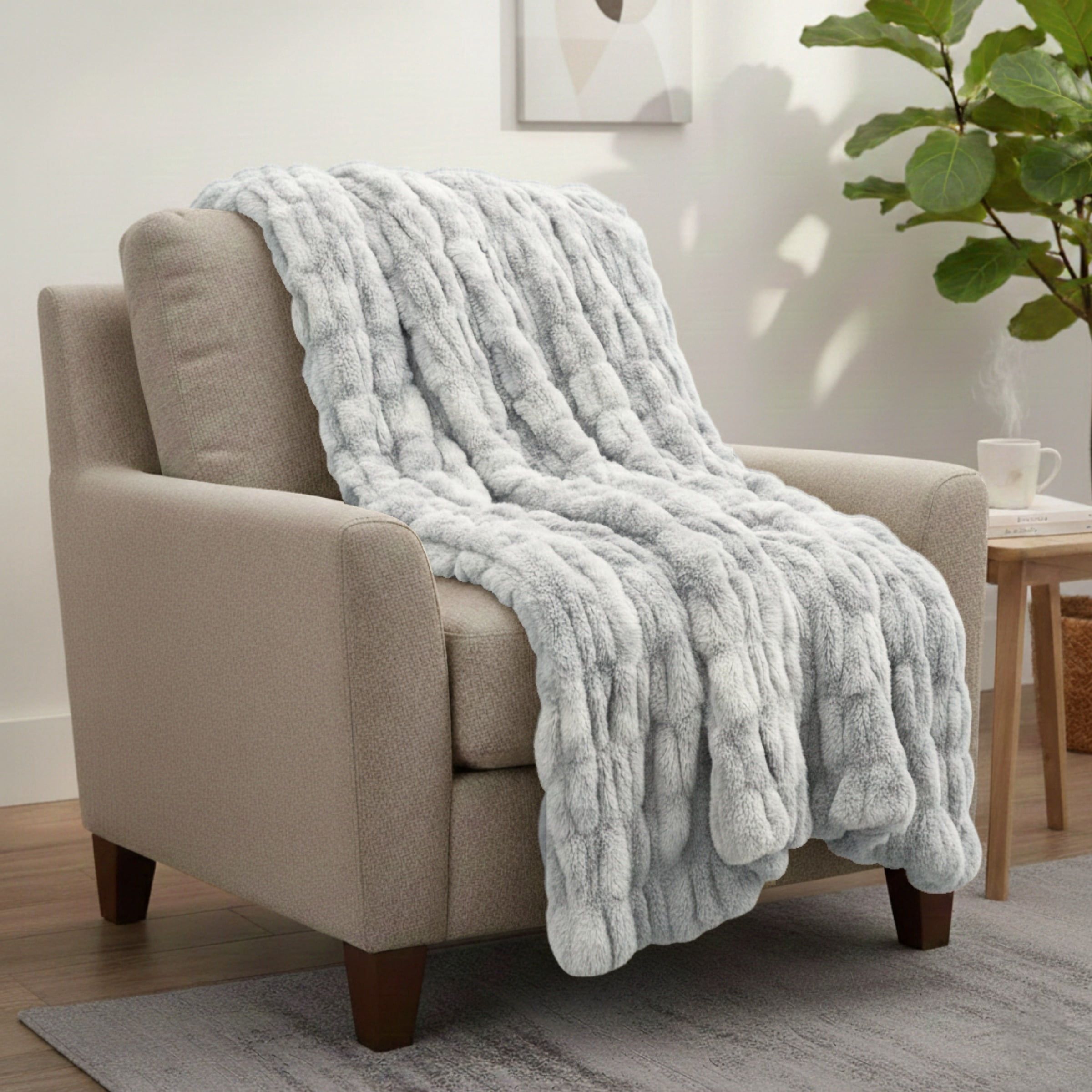 Lavish Home 60x80 Ruched Jacquard Faux Fur Blanket for Sofas and Beds, Gray