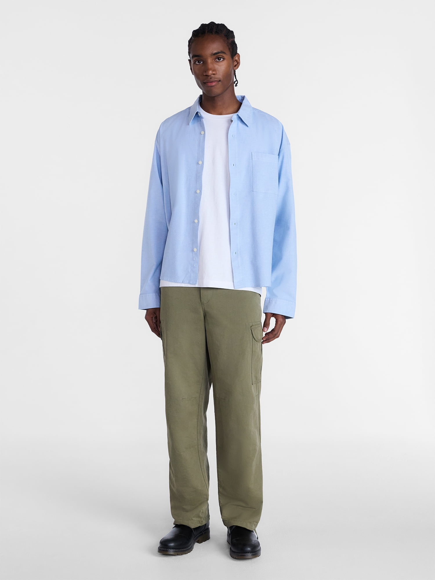 No Boundaries Boxy Cropped Fit Oxford Shirt with Long Sleeves, Men's XS-5XB