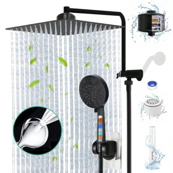Matte Black Shower Head With Filters 12 Rain Shower Head With Handheld Spray Dual Shower Filter Head For Hard Water Showerhead Combo With 10 Setting Handheld Builtin 2 Power Wash Extra Cartridges