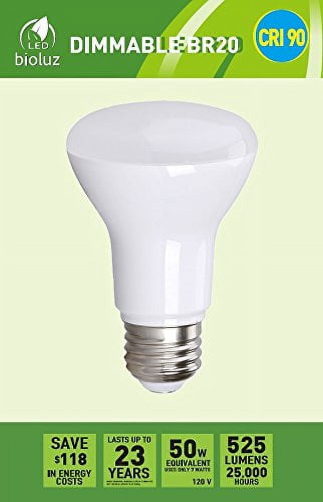4 Pack Bioluz LED BR20 LED Bulb 90 CRI Dimmable Bulb, 50W Equivalent (uses 7W) 525 lumens 3000K (Soft White) Indoor/Outdoor Wide Flood Light Bulb 110 Beam Angle E26 Medium Base UL Listed (Pack of 4)