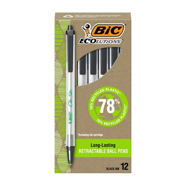 Bolígrafos BIC Ecolutions Clic Stic negros, tamaño mediano, paquete de 12